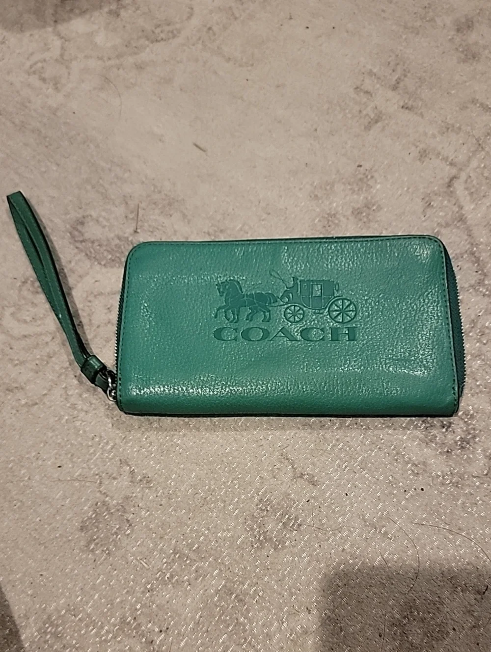 COACH Green Pebble Leather Zip Around Wallet With Wrist Strap